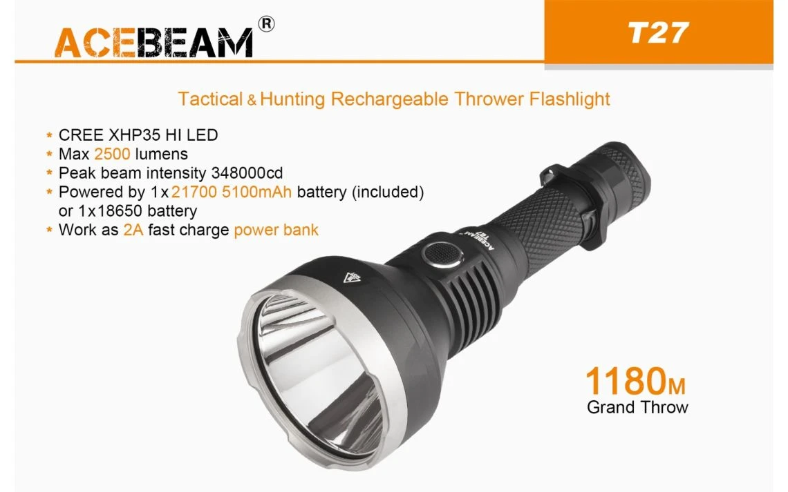 AceBeam T27 2500 Lumen Long Range Rechargeable LED Torch-Neutral White - Image 3