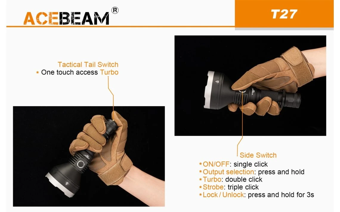 AceBeam T27 2500 Lumen Long Range Rechargeable LED Torch-Neutral White - Image 7