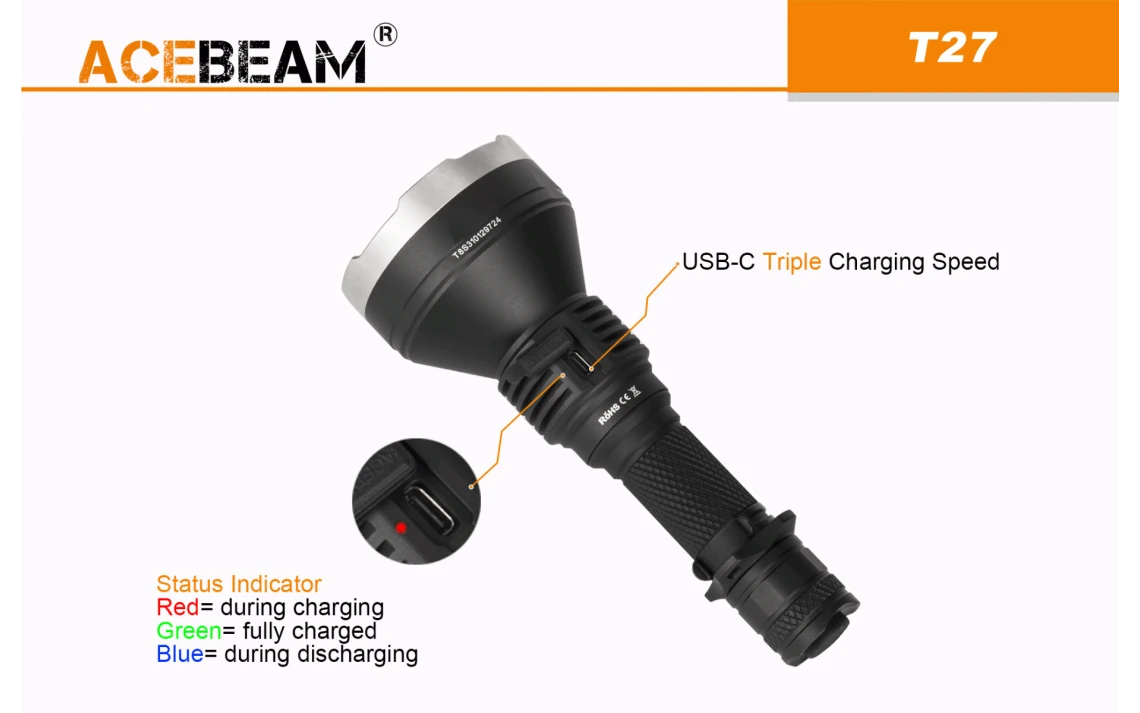 AceBeam T27 2500 Lumen Long Range Rechargeable LED Torch-Neutral White - Image 9