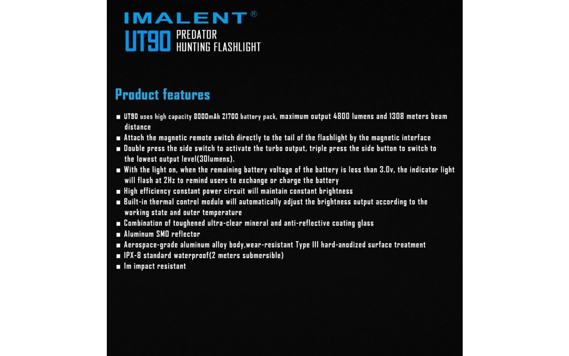 Imalent UT90 Powerful 4800 Lumen 1308m Long Range Rechargeable Hunting Torch & Kit - Image 16