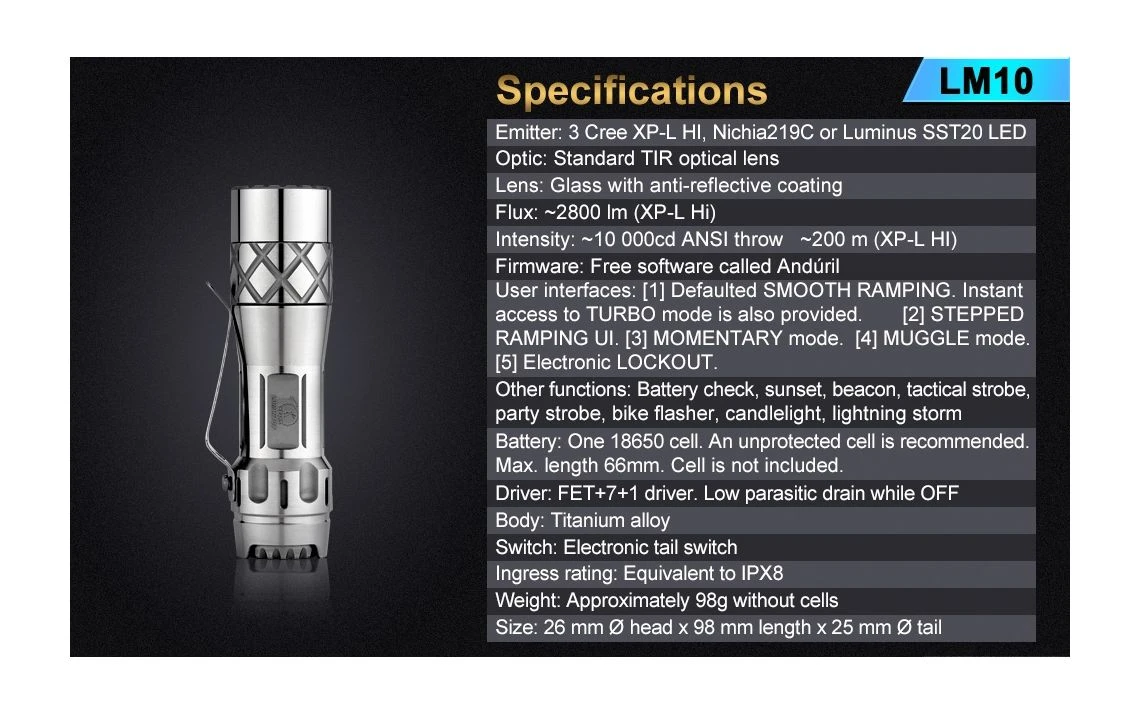 Lumintop LM10 Raw Titanium 2800 Lumen 10th Anniversary Torch - Image 18