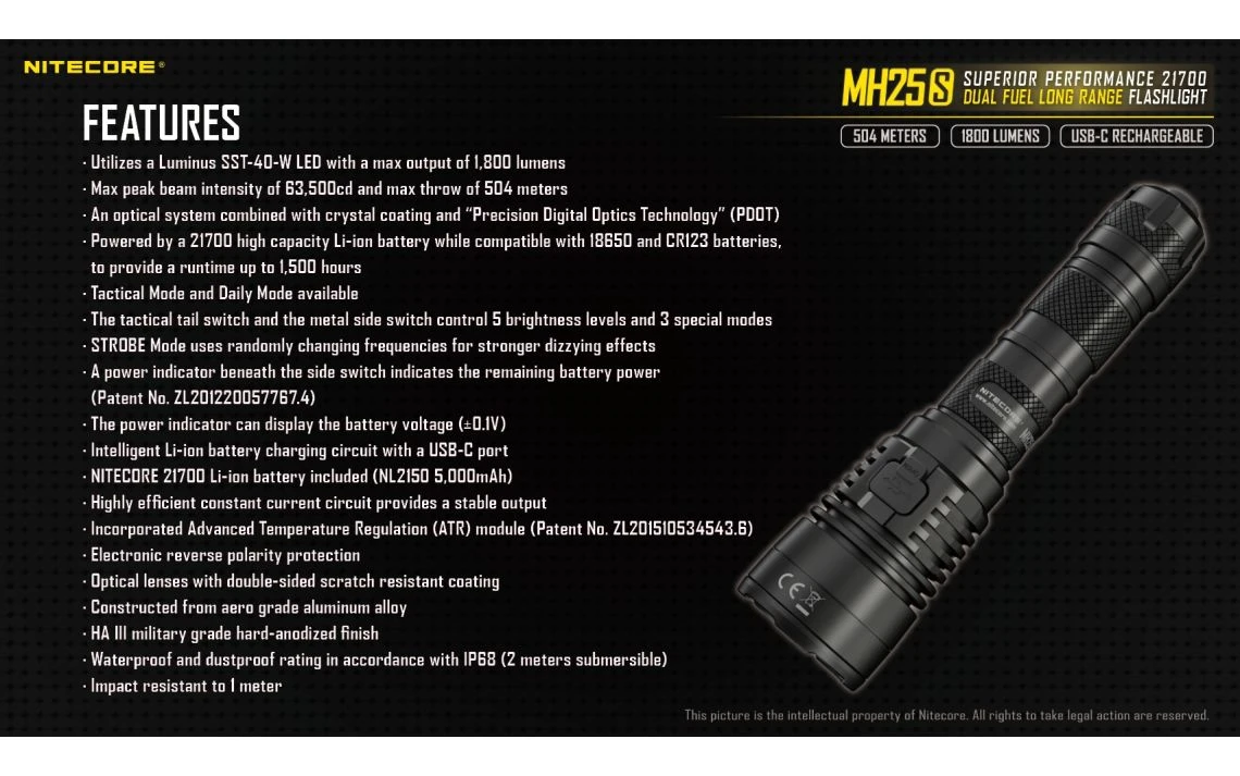 Nitecore MH25S Kit Powerful 1800 Lumen 504m Long Range Tactical Torch 29 Nitecore MH25S Kit Powerful 1800 Lumen 504m Long Range Tactical Torch - Image 27