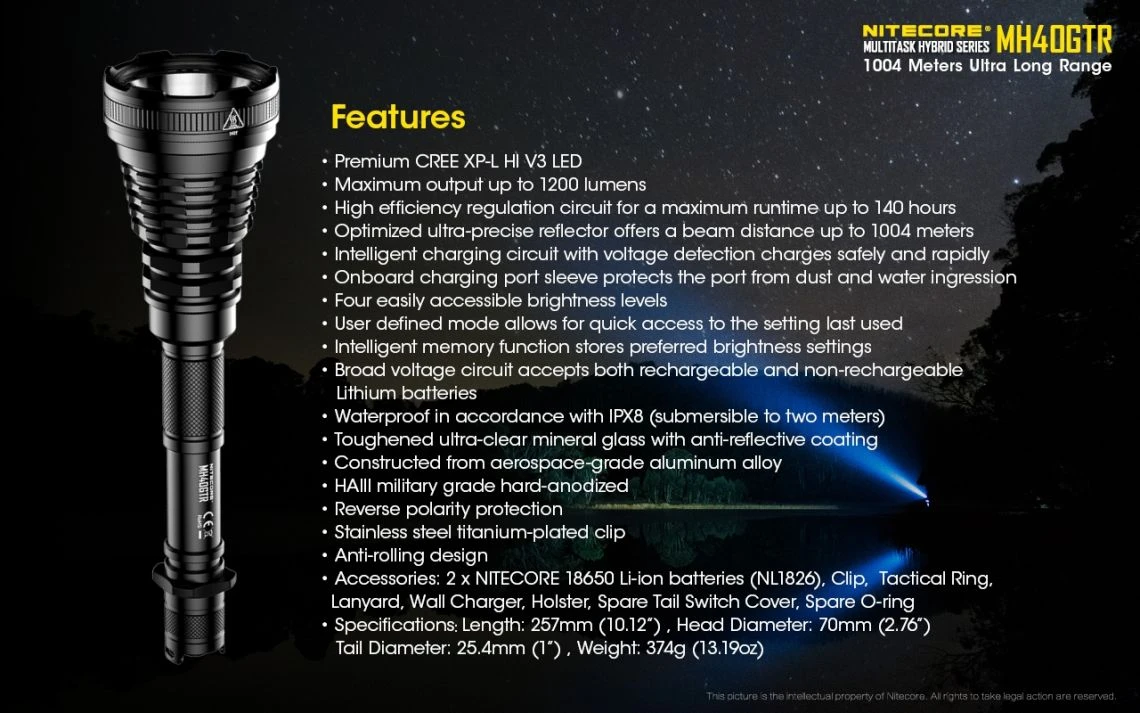 Nitecore MH40GTR 1200 Lumen Ultra Long Range Rechargeable LED Torch - Image 13