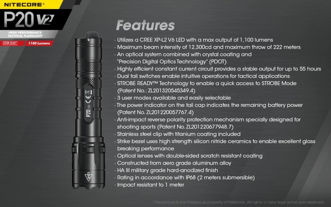 Nitecore P20 V2 Strobe Ready 1100 Lumen Tactical LED Torch - Image 19