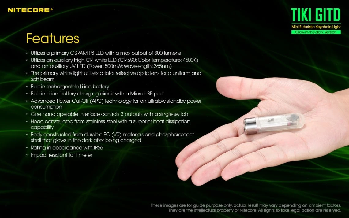Nitecore TIKI GITD Green Glow In The Dark 300 Lumen Keychain Light - Image 31